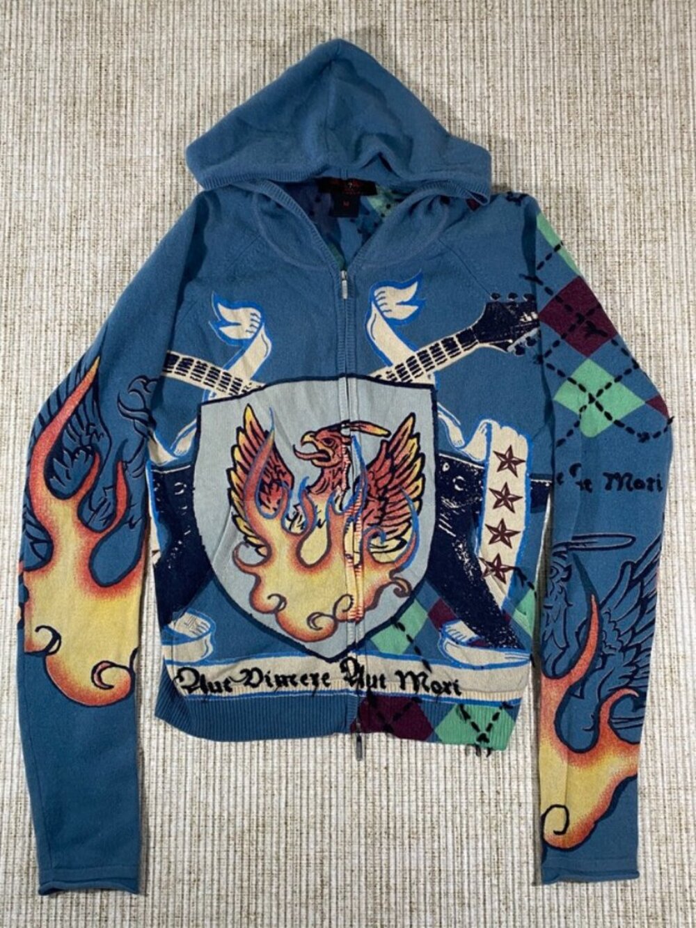 Raw 7 Vintage Y2K Luxury 100% Cashmere Graphic Full-Zip Hoodie Sweater Medium